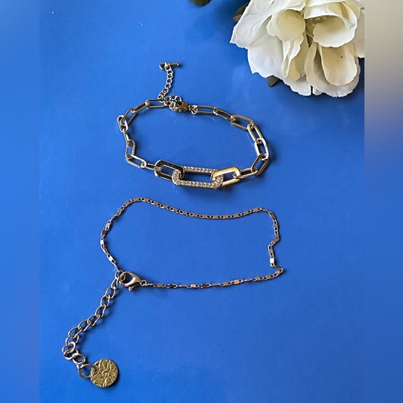 2 Bracelets. Paper Clip Bracelet and Rhinestone Square Chain Bracelet - Picture 4 of 5